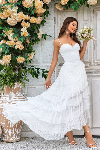 Ivory Lace Asymmetrical Detachable Train Boho Wedding Dress