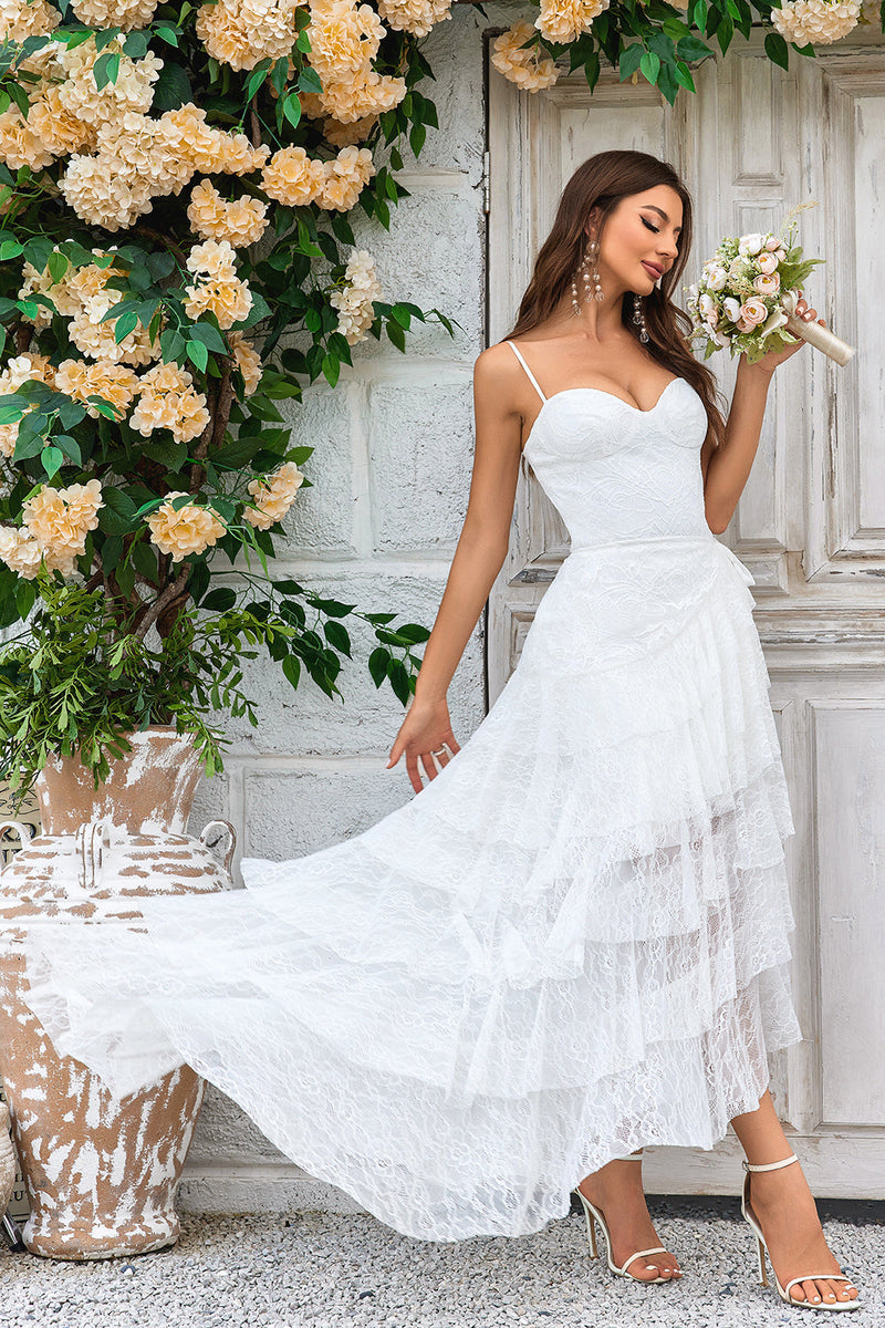 Load image into Gallery viewer, Ivory Lace Asymmetrical Detachable Train Boho Wedding Dress