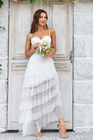 Load image into Gallery viewer, Ivory Lace Asymmetrical Detachable Train Boho Wedding Dress