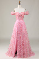 Load image into Gallery viewer, Off The Shoulder A-line Pink Long Bridesmaid Dress with 3D Flowers