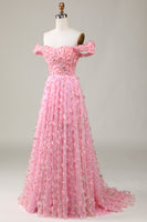 Load image into Gallery viewer, Off The Shoulder A-line Pink Long Bridesmaid Dress with 3D Flowers