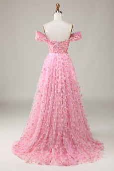 Off The Shoulder A-line Pink Long Bridesmaid Dress with 3D Flowers