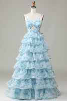 Load image into Gallery viewer, Spaghetti Straps Cut Out Tiered Printed Blue Bridesmaid Dress