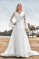 Load image into Gallery viewer, Beauty A Line V Neck Ivory Lace Flare Sleeves Wedding Dress