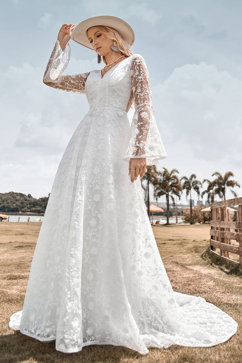 Load image into Gallery viewer, Beauty A Line V Neck Ivory Lace Flare Sleeves Wedding Dress