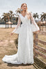 Load image into Gallery viewer, Beauty A Line V Neck Ivory Lace Flare Sleeves Wedding Dress