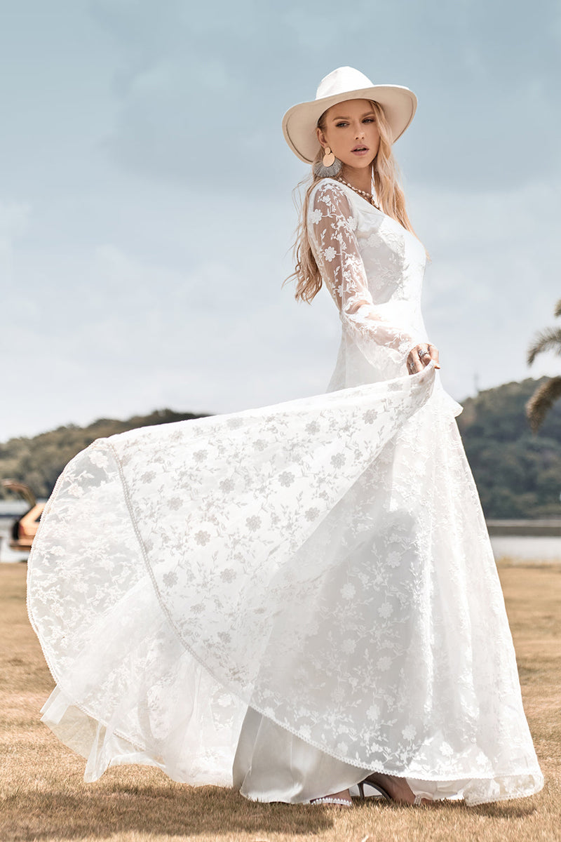 Load image into Gallery viewer, Beauty A Line V Neck Ivory Lace Flare Sleeves Wedding Dress