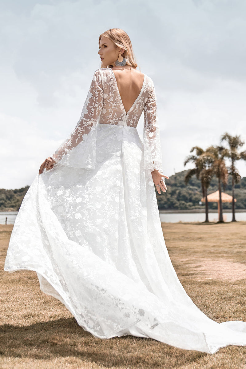 Load image into Gallery viewer, Beauty A Line V Neck Ivory Lace Flare Sleeves Wedding Dress