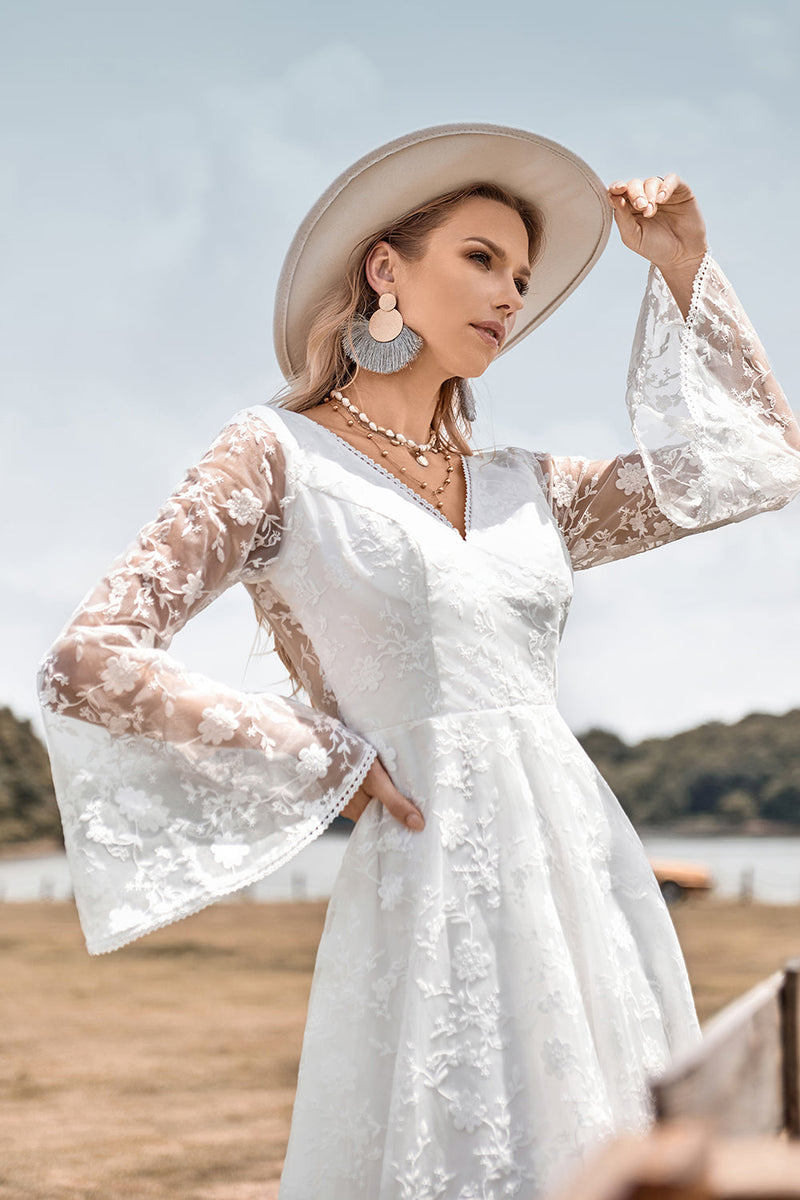 Load image into Gallery viewer, Beauty A Line V Neck Ivory Lace Flare Sleeves Wedding Dress