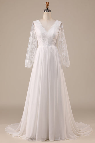 Ivory Chiffon Sweep Train Boho Wedding Dress with Lace