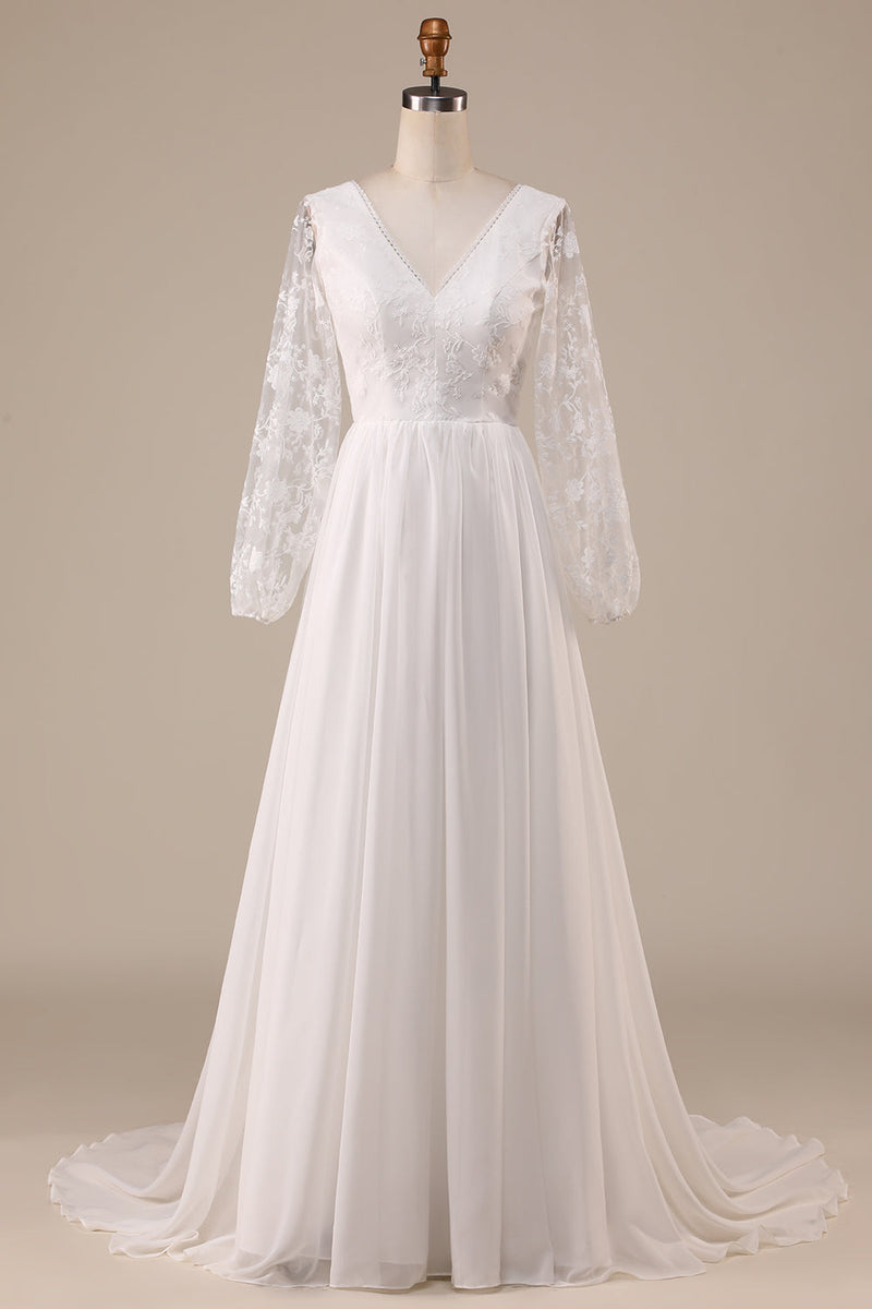 Load image into Gallery viewer, Ivory Chiffon Sweep Train Boho Wedding Dress with Lace