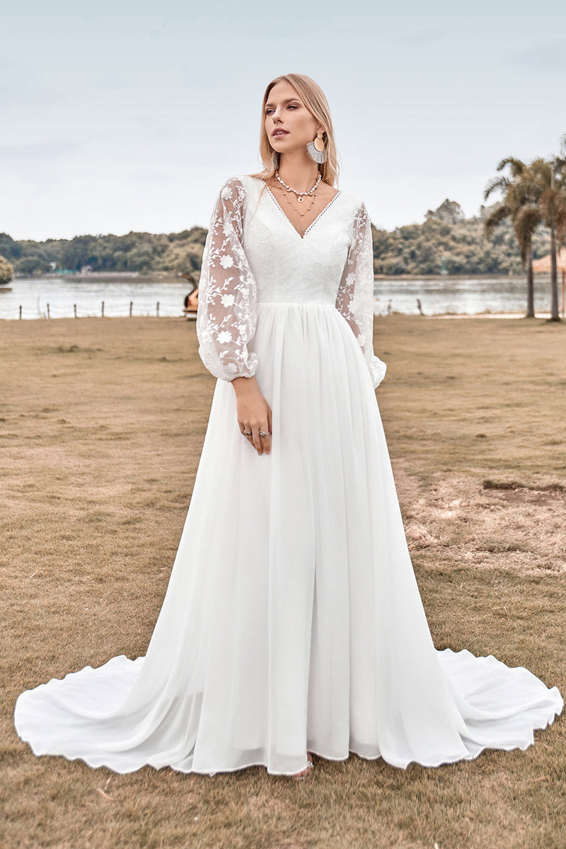Load image into Gallery viewer, A Line V Neck Ivory Chiffon Sweep Train Boho Wedding Dress with Lace