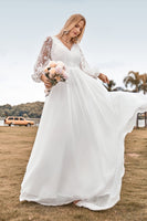Load image into Gallery viewer, A Line V Neck Ivory Chiffon Sweep Train Boho Wedding Dress with Lace