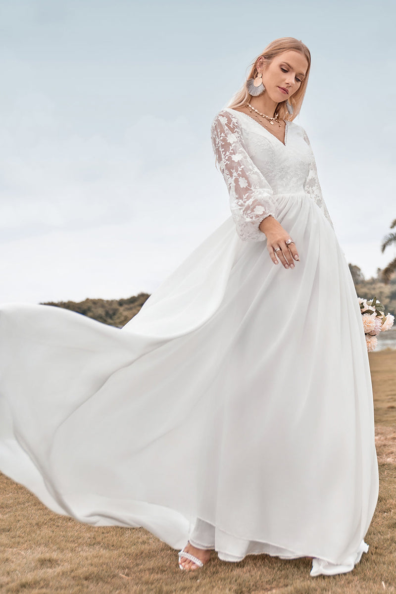 Load image into Gallery viewer, A Line V Neck Ivory Chiffon Sweep Train Boho Wedding Dress with Lace