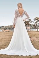Load image into Gallery viewer, A Line V Neck Ivory Chiffon Sweep Train Boho Wedding Dress with Lace