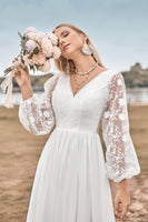 Load image into Gallery viewer, A Line V Neck Ivory Chiffon Sweep Train Boho Wedding Dress with Lace
