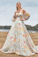Load image into Gallery viewer, Charming A Line Sweetheart Ivory Floral Sweep Train Bridal Dress with Sleeves