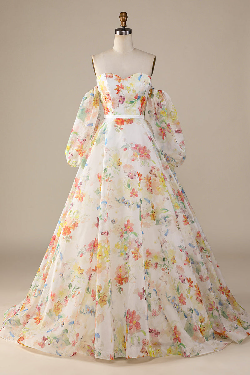 Load image into Gallery viewer, Ivory Floral A-Line Sweep Train Wedding Dress with Sleeves