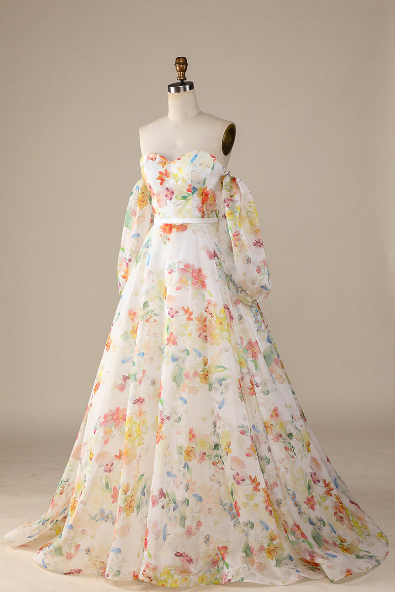 Load image into Gallery viewer, Ivory Floral A-Line Sweep Train Wedding Dress with Sleeves