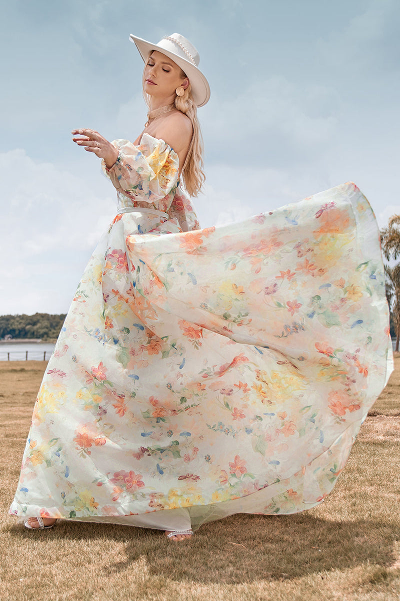 Load image into Gallery viewer, Charming A Line Sweetheart Ivory Floral Sweep Train Bridal Dress with Sleeves