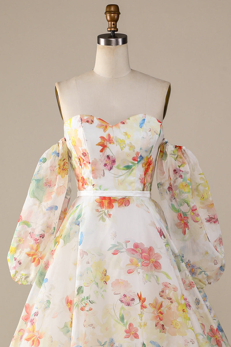 Load image into Gallery viewer, Ivory Floral A-Line Sweep Train Wedding Dress with Sleeves