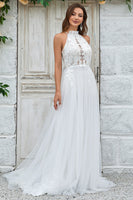 Load image into Gallery viewer, Ivory Open Back Tulle Sweep Train Wedding Dress with Lace