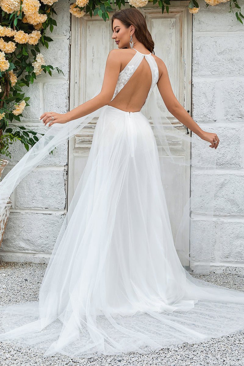 Load image into Gallery viewer, Ivory Open Back Tulle Sweep Train Wedding Dress with Lace