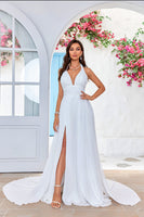 Load image into Gallery viewer, Ivory A-Line Halter Sweep Train Wedding Dress with Slit