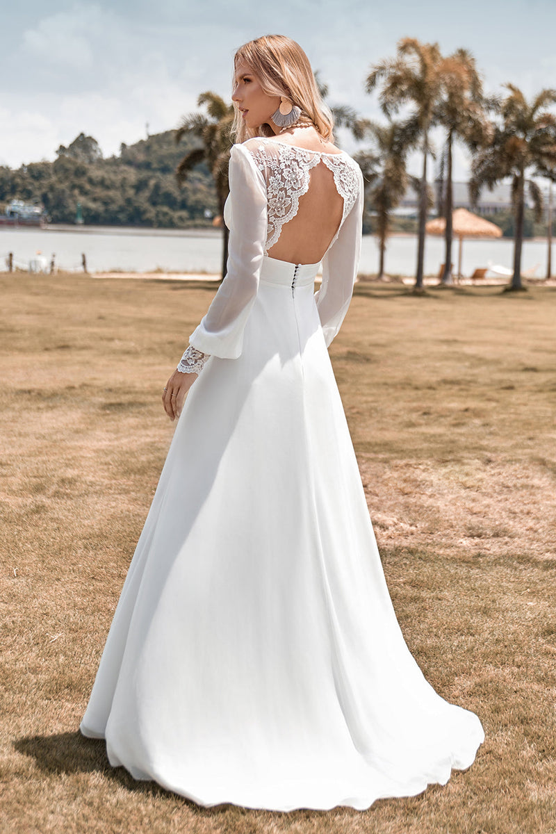 Load image into Gallery viewer, Ivory Boho Simple Sheath Long Sleeves Wedding Dress with Lace