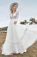Load image into Gallery viewer, Lace Long Sleeves Deep V-neck Boho Wedding Dress with Backless