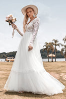 Load image into Gallery viewer, Lace Long Sleeves Deep V-neck Boho Wedding Dress with Backless