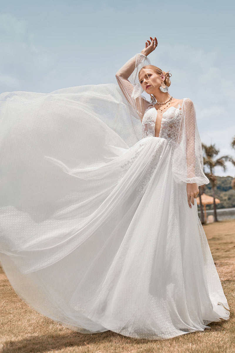 Load image into Gallery viewer, Long Sleeves Open Back Ivory A Line Wedding Dress with Appliques