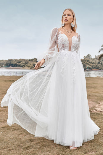 Long Sleeves Open Back Ivory A Line Wedding Dress with Appliques