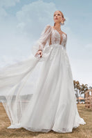 Load image into Gallery viewer, Long Sleeves Open Back Ivory A Line Wedding Dress with Appliques