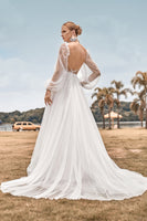 Load image into Gallery viewer, Long Sleeves Open Back Ivory A Line Wedding Dress with Appliques