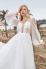 Load image into Gallery viewer, Long Sleeves Open Back Ivory A Line Wedding Dress with Appliques