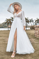 Load image into Gallery viewer, A-Line Tulle Beaded Ivory Wedding Dress with Long Sleeves