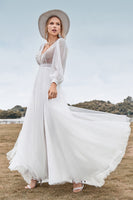 Load image into Gallery viewer, A-Line Tulle Beaded Ivory Wedding Dress with Long Sleeves