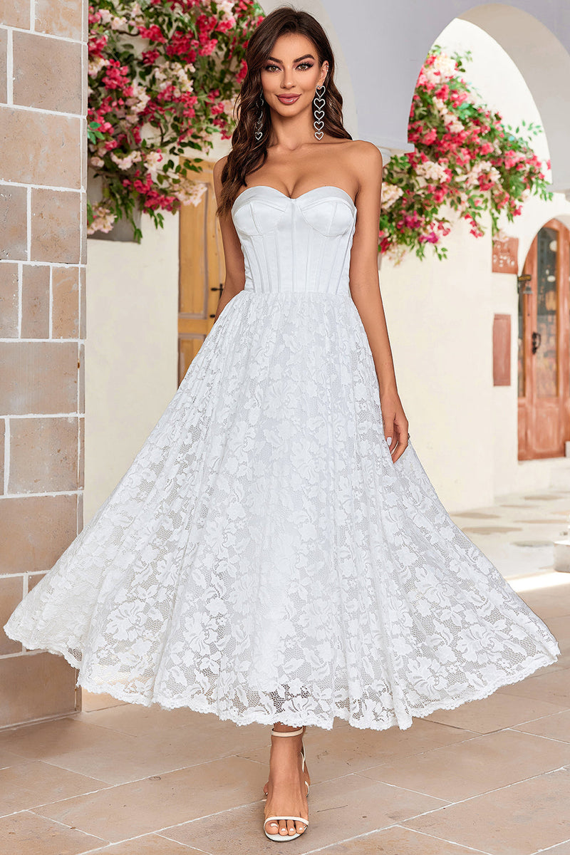 Load image into Gallery viewer, Ivory Strapless Corset Tea-Length Wedding Dress with Lace
