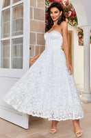 Load image into Gallery viewer, Ivory Strapless Corset Tea-Length Wedding Dress with Lace