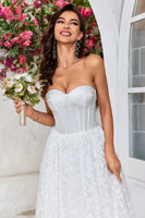 Load image into Gallery viewer, Ivory Strapless Corset Tea-Length Wedding Dress with Lace
