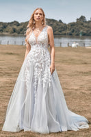 Load image into Gallery viewer, A Line Tulle Ivory Wedding Dress with Appliques