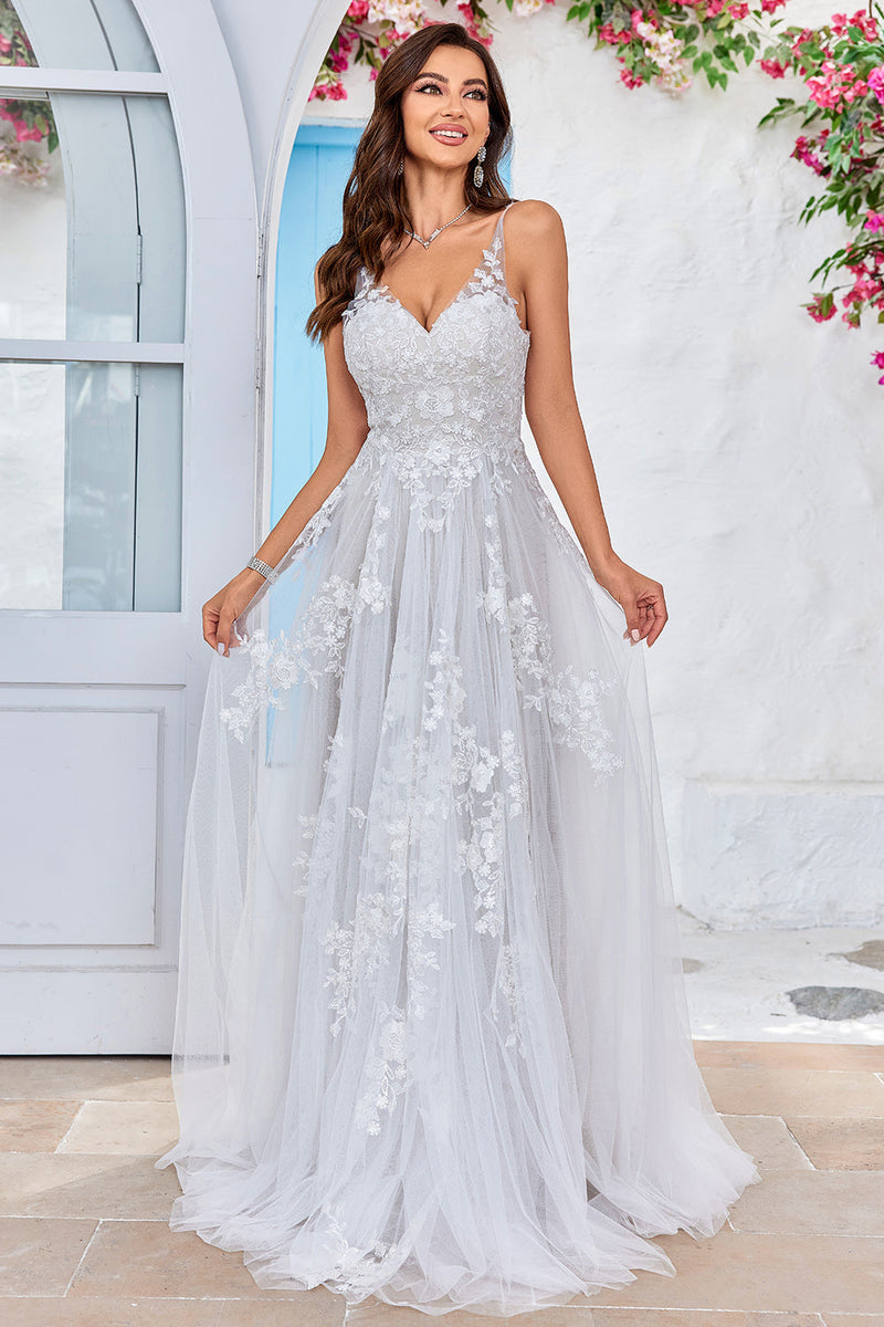 Load image into Gallery viewer, Tulle Backless Ivory Long A Line Wedding Dress with Embroidery