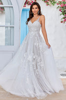 Load image into Gallery viewer, Tulle Backless Ivory Long A Line Wedding Dress with Embroidery