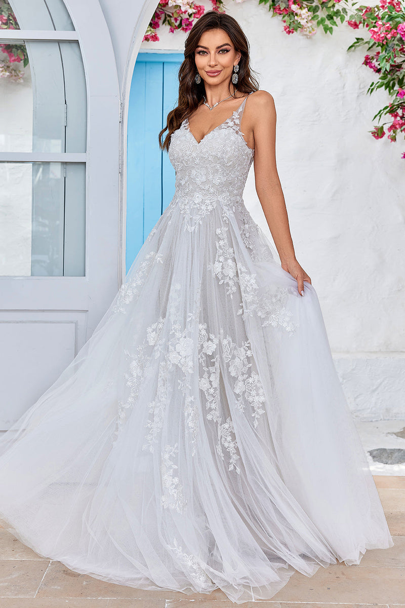 Load image into Gallery viewer, Tulle Backless Ivory Long A Line Wedding Dress with Embroidery