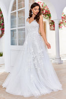 Load image into Gallery viewer, Tulle Backless Ivory Long A Line Wedding Dress with Embroidery