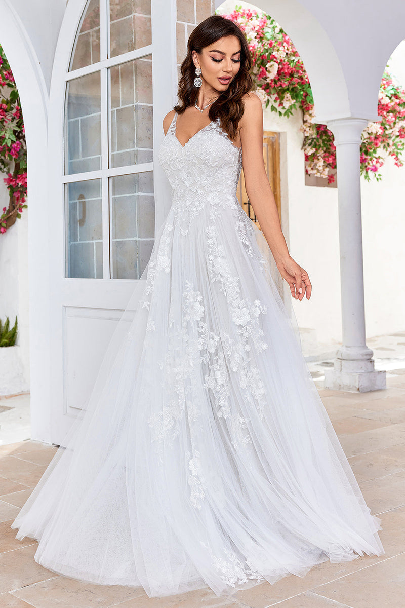 Load image into Gallery viewer, Tulle Backless Ivory Long A Line Wedding Dress with Embroidery