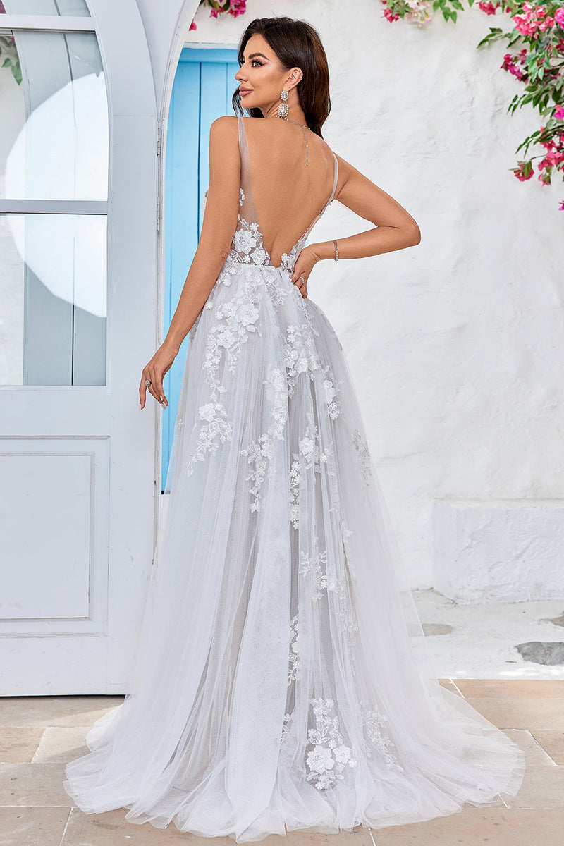 Load image into Gallery viewer, Tulle Backless Ivory Long A Line Wedding Dress with Embroidery