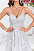 Load image into Gallery viewer, Tulle Backless Ivory Long A Line Wedding Dress with Embroidery