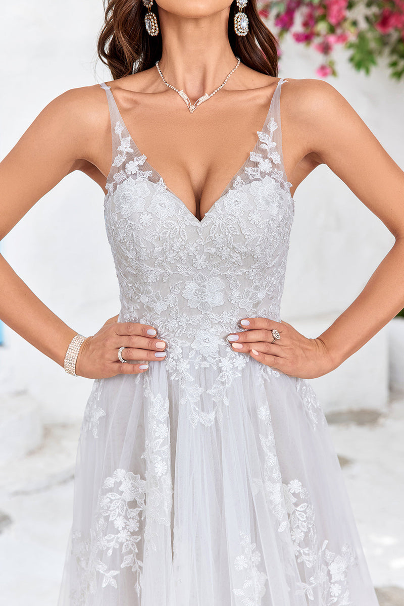 Load image into Gallery viewer, Tulle Backless Ivory Long A Line Wedding Dress with Embroidery